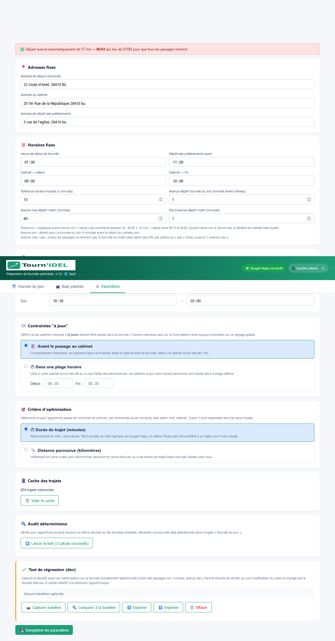 Paramètres de tournée